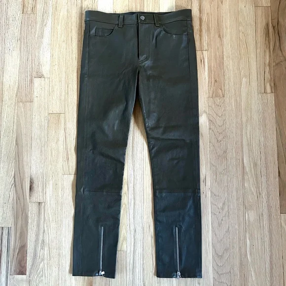 HELMUT LANG lamb leather pants ankle zip slim fit olive green size 6